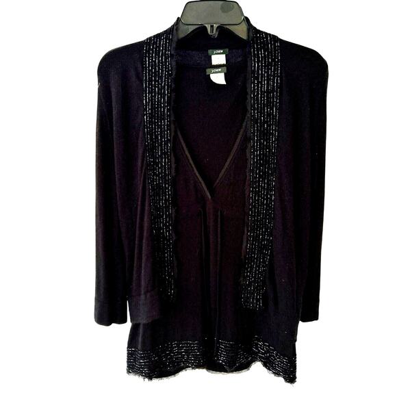 J.Crew Cardigan Set Knit Medium Black Beaded Lambswool Cashmere Angora Glam Punk - Picture 1 of 16